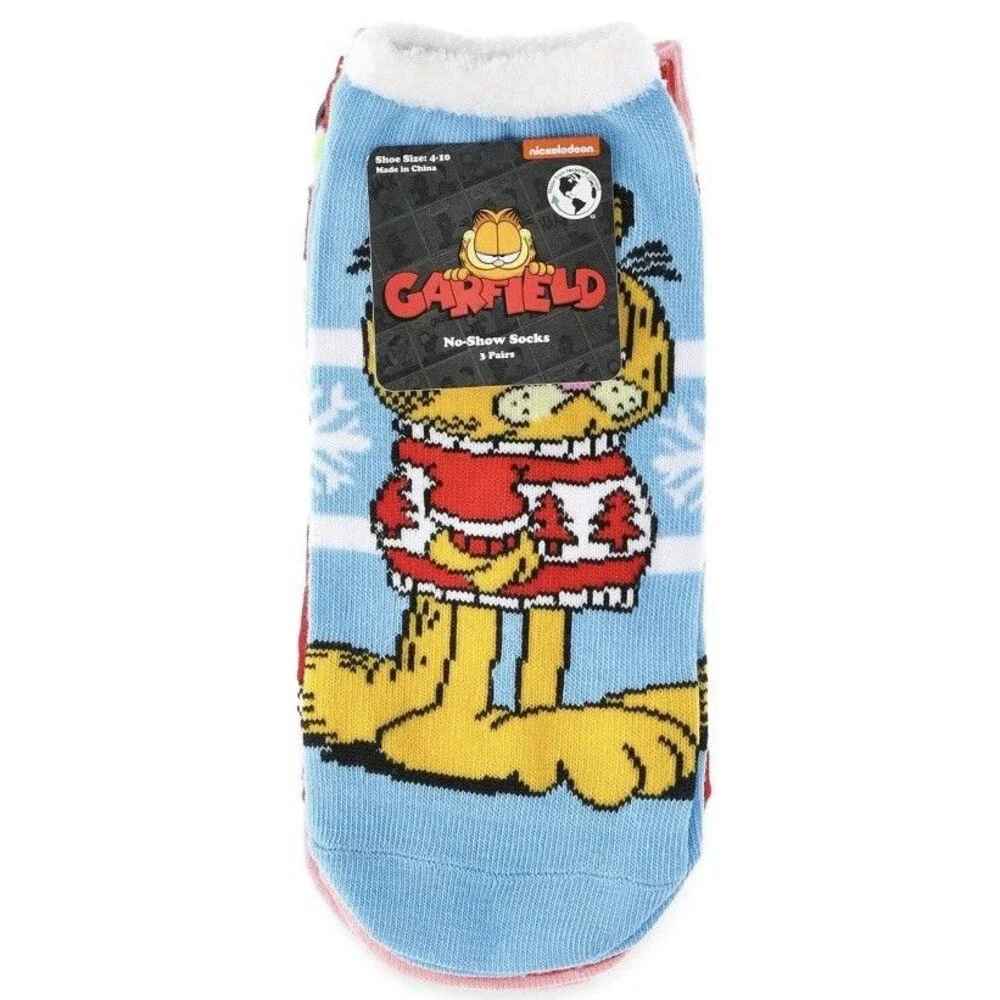Garfield Cat Christmas Holiday No-Show Socks 3-Pairs Sz 4-10